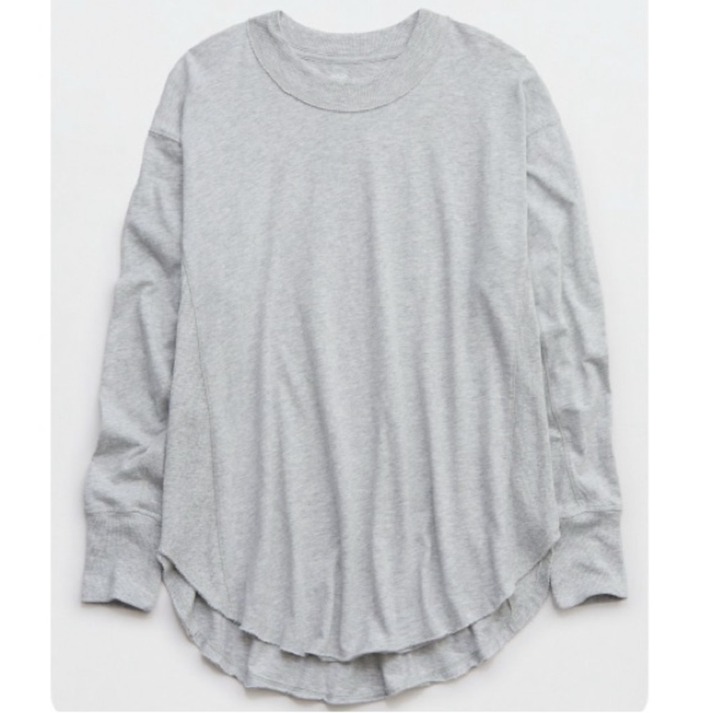 AERIE Long Sleeve Oversized Boyfriend Crewneck Shirt, Heather Grey, Size Medium